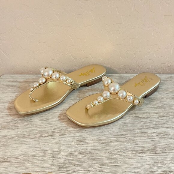 Lilly Pulitzer Cloe Sandals 6 Gold Pearl Thong T Strap - Picture 1 of 12